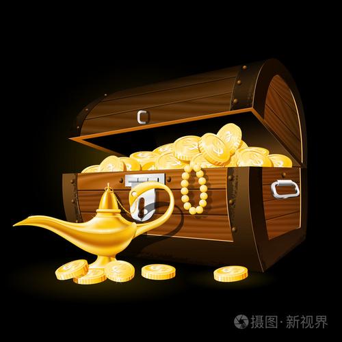 硬币和阿拉丁的神灯的藏宝箱